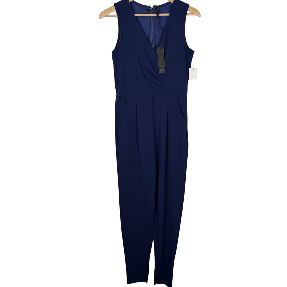 LALA ANTHONY Navy Blue Sleeveless V Neck Back Zipper Slim Leg‎ Jumpsuit Size M